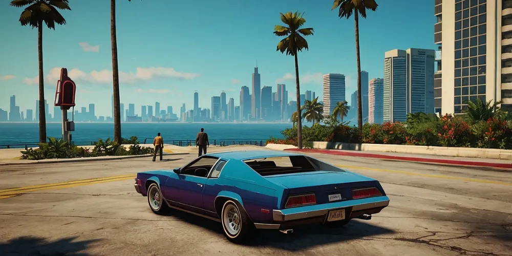 Cruising along a coastal road with a skyline view in GTA VI